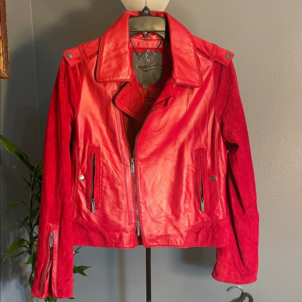 Vintage Zac Posen Vibrant Red Leather Jacket w/Suede sleeves. 100% Leather